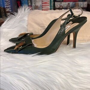 Jimmy Choo Dark Green Heels with Gold Accents